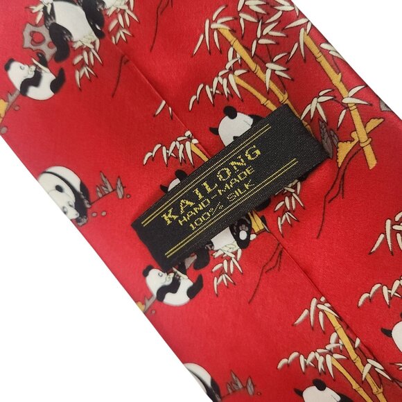 Red Silk Necktie With Panda & Bamboo Print Design Kailong 100% Silk Hand Made - Picture 4 of 5